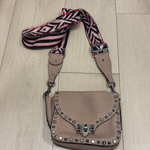 VALENTINO Studded Taupe Crossbody Bag with Patterned Strap Purse Damaged